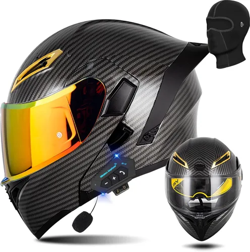 Vista 9 de AAREG Casco de motocicleta unisex para adultos, fibra de carbono, visera antivaho, diseño aerodinámico, Bluetooth integrado, aprobado por DOT