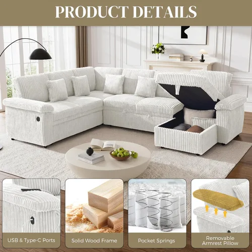 Vista 5 de Sofá cama modular de 110 pulgadas con cama extraíble, diván de almacenamiento y carga USB, sofás seccionales de pana de felpa en forma de U beige