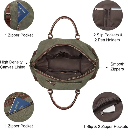 Vista 5 de S-ZONE - Bolsa de viaje de lona sobredimensionada con adornos de cuero genuino, bolsa deportiva de hombro de fin de semana, bolso de fin de semana