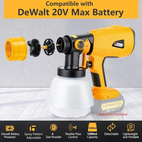 Vista 2 de Pulverizador de pintura inalámbrico compatible con DeWalt 20 V MAX batería de 33.8 fl oz de capacidad HVLP, pistola de pintura en aerosol HVLP, 3