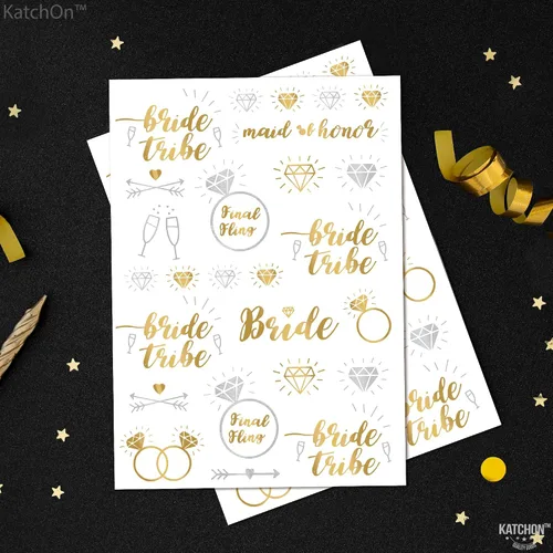 Vista 8 de KatchOn, Decoraciones doradas para despedida de soltera, paquete de 5, accesorios para novia, banda para la novia y tatuajes de novia, velo de boda