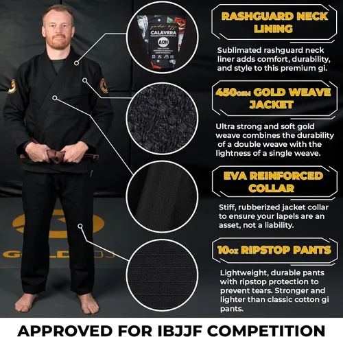 Vista 2 de Gold BJJ Calavera Jiu Jitsu Gi - Kimono de alta calidad con tejido dorado ultra fuerte, uniforme aprobado por la competencia IBJJF, Oro