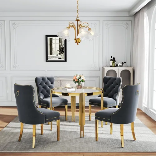Vista 8 de Juego de mesa de comedor de cristal de 5 piezas para 4, mesa de cocina cuadrada de 37 pulgadas con 4 sillas tapizadas de terciopelo negro, mesa