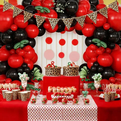 Vista 4 de Kit de arco de guirnalda de globos de cerezo rojo y negro, globos de papel