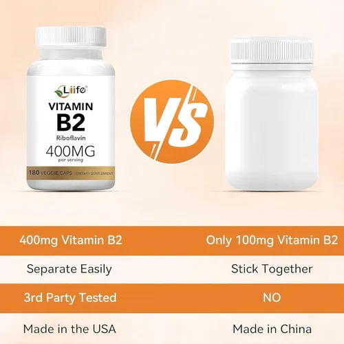 Vista 7 de LIIFE Vitamina B2-400 mg, riboflavina de alta potencia, apoya el alivio de la migraña, metabolismo energético, salud bucal y de piel, 180 cápsulas