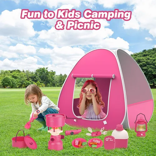 Vista 6 de Juego de campamento para niños con tienda de campaña – Tienda de campaña desplegable, tiendas de campaña para niños, juguetes al aire libre, juego