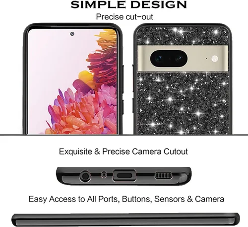 Vista 6 de Funda compatible con Google Pixel 7 con purpurina a prueba de golpes, para Google Pixel 7, TPU suave y brillante y policarbonato de silicona