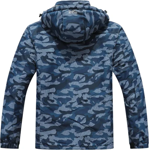 Vista 2 de Pooluly - Chaqueta impermeable de invierno, esquí, snowboard, para hombre, con capucha, rompevientos. Azul marino (Navy Print)