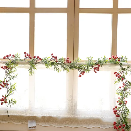 Vista 2 de Guirnalda de Navidad con luces que funciona con pilas, guirnalda de Navidad iluminada con 20 luces LED de bayas rojas de 5.6 pies, decoraciones