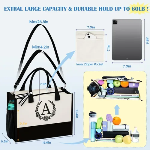 Vista 2 de Bolsa de lona con inicial, bolsa de maquillaje, bolsa de playa con cremallera, regalos personalizados para el día de la madre para mamá y abuela