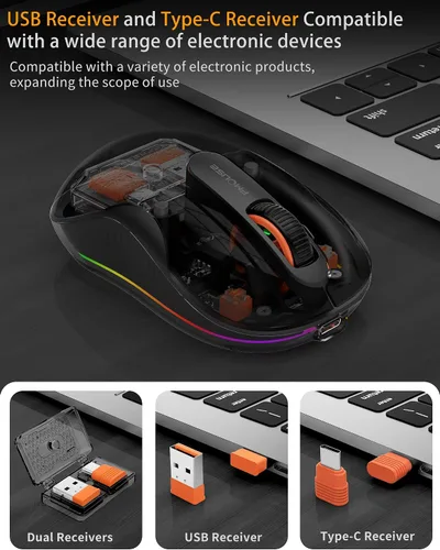 Vista 4 de Ratón inalámbrico Bluetooth, mouse RGB transparente de tres modos, Bluetooth y 2.4 GHz para múltiples dispositivos, receptor USB-C, ideal para Negro