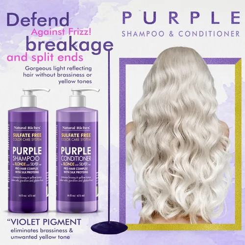 Vista 3 de Natural Riches Juego de champú y acondicionador morado para cabello rubio, plateado y gris, sin sulfatos, seguro para el color, elimina los tonos