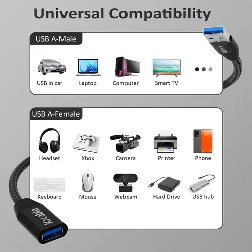Vista 6 de Cable de extensión USB 3.0 de 1 pie (paquete de 2), cable extensor tipo A macho a hembra, trenzado de nailon, transferencia de datos de 5 Gbps