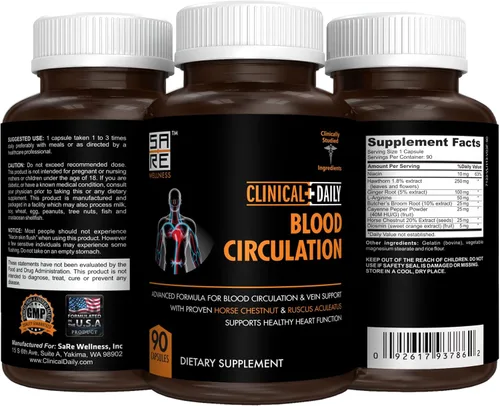 Vista 4 de CLINICAL DAILY Suplemento de circulación sanguínea. Escoba de carnicería, castaño de indias, cayena, arginina, diosmina. Tratamiento de venas