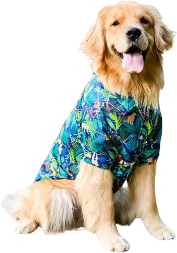 Vista 6 de Camisa hawaiana para perro, ropa de verano para mascotas, disfraz genial para perros grandes, camiseta de playa para perros medianos y grandes Azul