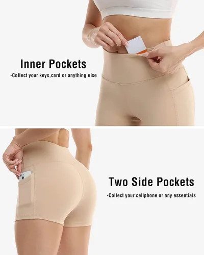 Vista 2 de CHRLEISURE Spandex Yoga Shorts with Pockets for Women, High Waisted Workout Booty Shorts 3in