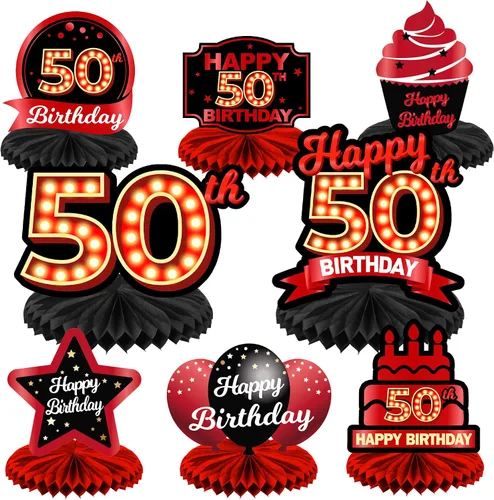 Vista 19 de Feliz 45 cumpleaños rojo y negro centros de mesa de panal de abeja decoraciones de globos decoración de mesa centros de mesa para niñas mujeres