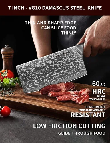 Vista 2 de Cuchillo chino de chef – Cuchillo de carnicero de 7 pulgadas – Serie Xuan – Cuchillo de cocina de acero Damasco VG10 – Mango de resina