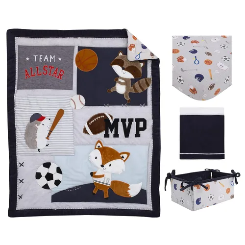 Vista 6 de NOJO Team All Star - Juego de ropa de cama de 4 piezas para cuna, color azul marino, gris y azul claro, fútbol, béisbol, fútbol y baloncesto