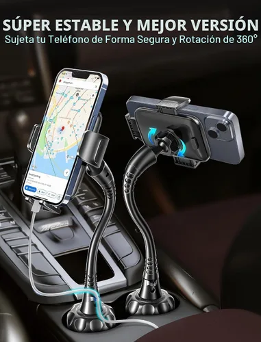 Vista 3 de Soporte de Portavasos para Auto, Soporte Universal Ajustable de Cuello de Cisne para Celular, Soporte de Coche para iPhone 14, Samsung, LG (Negro)