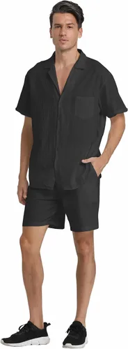 Vista 25 de RPOVIG Conjunto corto de camisa de lino: conjunto casual de 2 piezas con botones para hombre