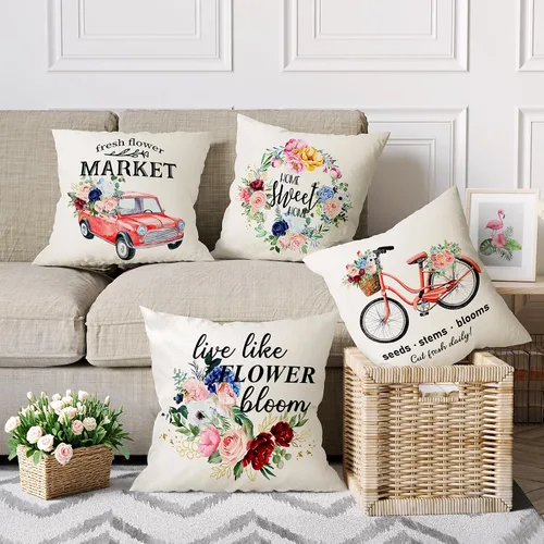 Vista 3 de Coliuso Juego de 4 fundas de almohada florales de primavera de 20 x 20 pulgadas, decoración de temporada para sofá, sala de estar al aire libre