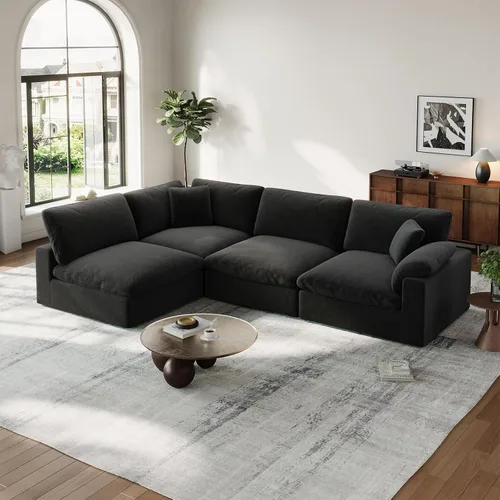 Vista 24 de Sofá modular Cloud para sala de estar, sofás de mezcla de lino en forma de L, modernos sofás de nube de asiento profundo, sofás seccionales Beige
