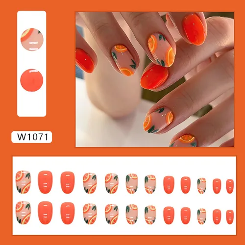 Vista 4 de Uñas postizas cortas ovaladas de verano, uñas postizas acrílicas artificiales con diseño de frutas, cobertura completa, reutilizables