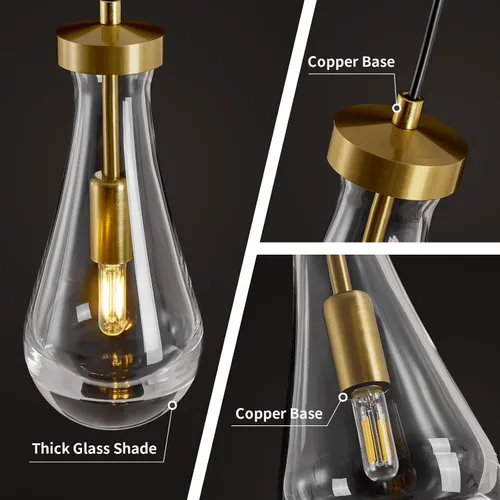 Vista 3 de Lámparas Colgantes de Gota de Lluvia para Isla de Cocina: Lámparas de Gota de Lluvia de Cristal de 2 Luces - Lámparas de Latón Dorado para sobre