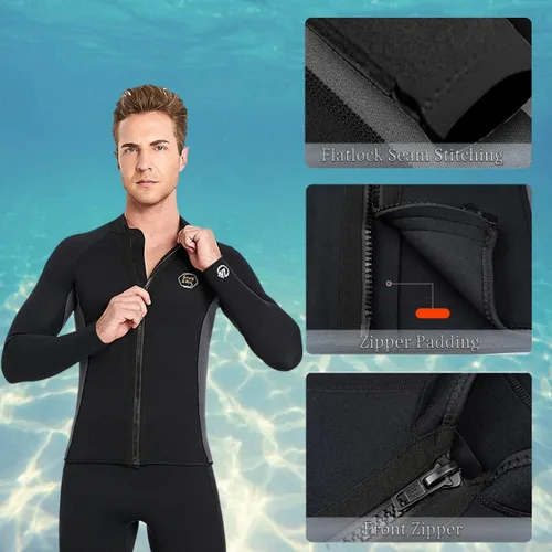 Vista 4 de Traje de neopreno superior de 0.079 pulgadas, chaqueta de neopreno para hombres y mujeres, cremallera frontal, manga larga, traje de buceo