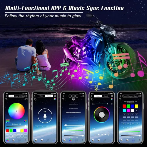 Vista 3 de 4 piezas de kits de luz LED para motocicleta, tiras de luz LED impermeables multicolor con control de aplicación, luces LED RGB sincronizadas