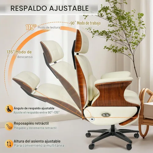 Vista 7 de Silla de oficina ergonómica de cuero, reclinable/reposapiés Blanco