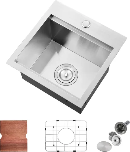 Vista 12 de Fregadero de 15x15 pulgadas para estación de trabajo de barra Fregadero de acero inoxidable T304 calibre 16 de montaje superior Tazón único