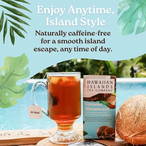Vista 3 de HAWAIIAN ISLANDS TEA COMPANY Té de hierbas de coco y macadamia, todo natural - 20 bolsitas de té (1 cajas)