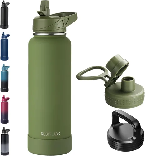 Vista 17 de RUBYFLASK - Botella de agua aislada con pajilla, jarra de agua al vacío de acero inoxidable, 24 onzas, botella con 3 tapas a prueba de fugas