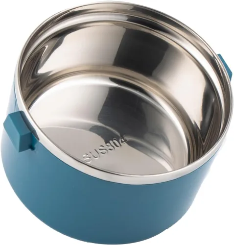 Vista 7 de SANQIAHOME Lonchera apilable de acero inoxidable de 3 niveles sellada (azul, 3 capas) con cuchara y tenedor