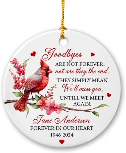 Vista 8 de Adorno de Navidad cardenal rojo conmemorativo personalizado, adorno de cerámica cardenal enviado del cielo, adorno de recuerdo para la pérdida de un