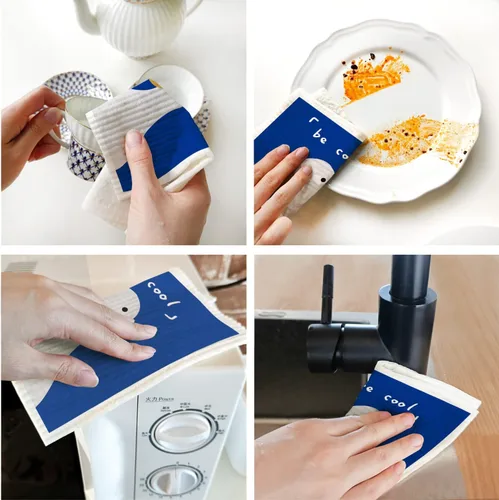 Vista 5 de Paños de cocina suecos para cocina, paquete de 6 paños de esponja de celulosa azul, toallas de papel reutilizables biodegradables y reutilizables