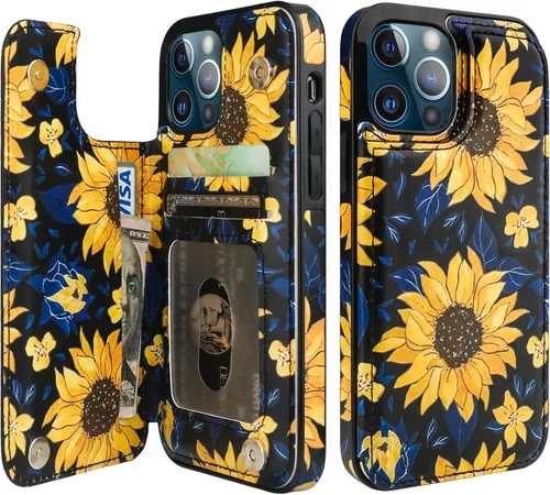 Vista 15 de HAOPINSH Funda tipo cartera para iPhone 12/12 Pro - Bandera americana Girasol, tarjetero, cuero sintético, soporte, cierre magnético doble, a prueba