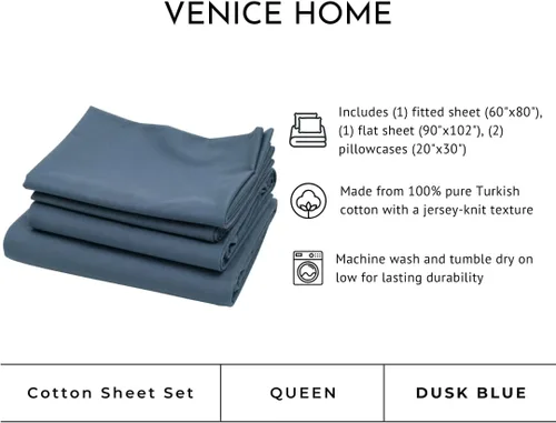 Vista 6 de Juego de sábanas de jersey 100% algodón Venice Home - Extra suave - Fácil ajuste - Juego de 4 piezas - Para todas las estaciones - Cómodo – 4 piezas