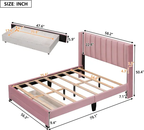 Vista 2 de Merax Moderna cama tapizada con cabecera con respaldo de alas, base de cama con soporte de listones de madera/fácil montaje, tamaño matrimonial