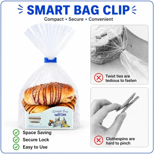 Vista 4 de 100 clips de plástico reutilizables para pan, mantén tu comida fresca con clips para bolsas de alimentos de 7/8 x 7/8 pulgadas (azul)
