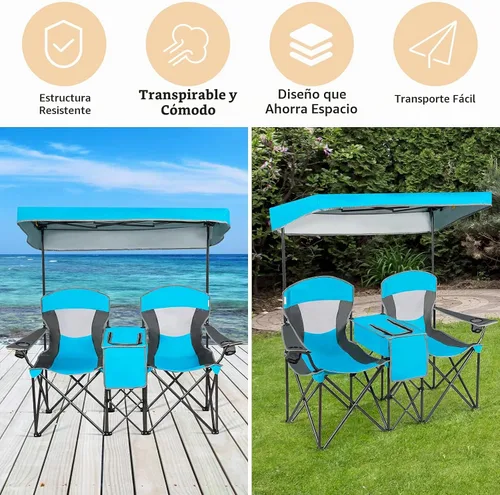 Vista 6 de DORTALA Silla de camping doble con toldo, silla de playa plegable para 2 personas con toldo para dosel, soporte para bebidas y bolsa de Azul