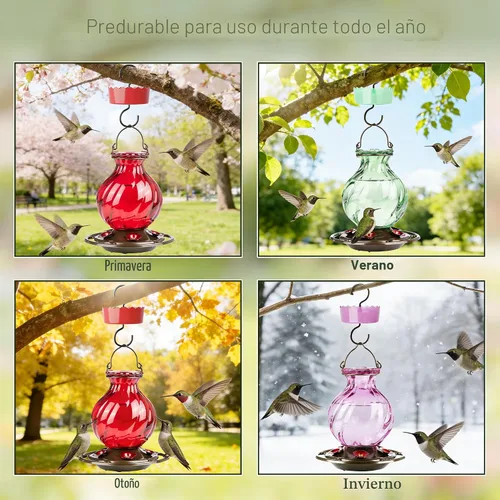 Vista 8 de Auslar - Comedero para colibríes, de vidrio de 26 onzas, para colgar en exteriores, a prueba de hormigas y abejas, foso de hormigas y 5 puertos