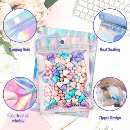 Vista 3 de ANZNKU 300 bolsas holográficas de Mylar resellables, bolsas resellables de 4x6 pulgadas para pequeñas empresas, bolsa de kit para resaca a prueba
