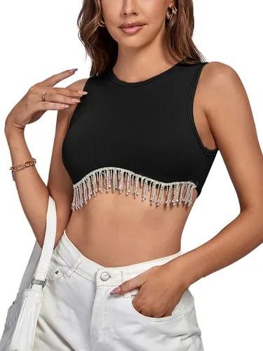 Vista 4 de Rooscier Camiseta corta sin mangas con diamantes de imitación acanalados para mujer
