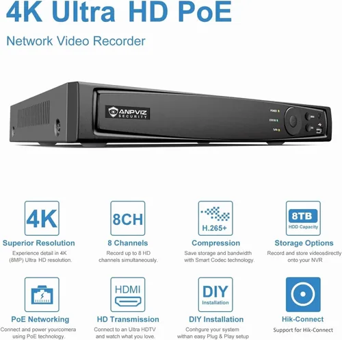Vista 3 de Anpviz AI 12MP 8CH POE NVR (12MP/8MP/6MP/5MP/4MP/3MP/1080P) Grabador de video en red inteligente AI POE - Soporta hasta 8 cámaras POE de 12 MP