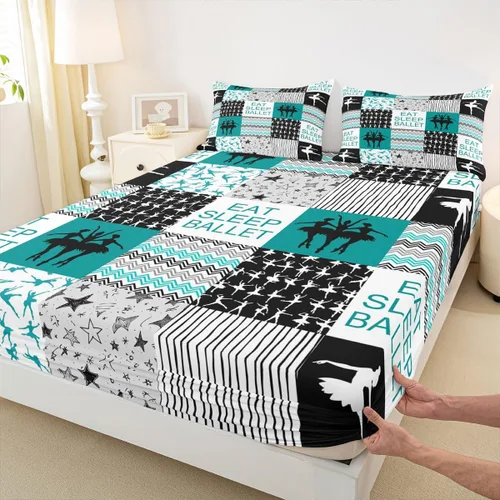 Vista 6 de Sábana bajera ajustable de ballet para niñas, juego de ropa de cama de ballet para danza de ballet, sábanas de cama con rayas geométricas onduladas