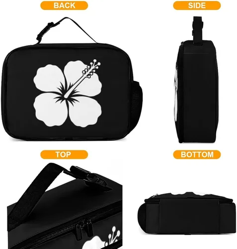 Vista 3 de Lonchera reutilizable con diseño de flores de hibisco blanco, bolsa de almuerzo aislada, lonchera para comida y alimentos, bolsa de mano