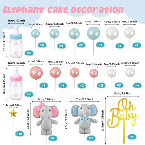 Vista 2 de 49 piezas de decoración de pastel de elefante, bolas de perlas, púas de pastel, mini botella de leche, decoración de pastel de estrella